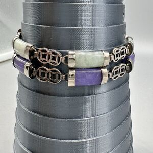 Set Of 2 Vintage Chinese Sterling 925 Purple & Green Jade Jadeite Bracelets 7.25